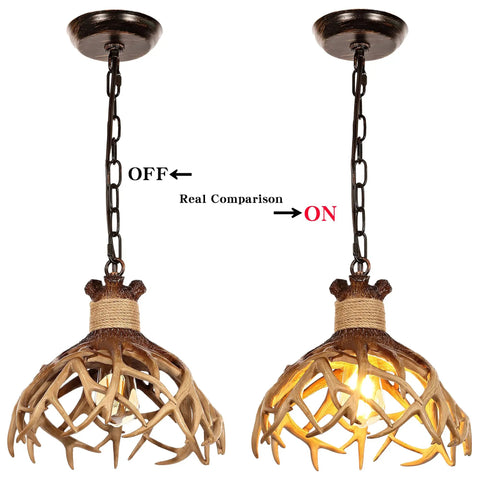 Rustic Deer Antler Pendant Ceiling Light With Aged Iron Accents, One E26 Base, LED Compatible, Brown Finish For Kitchen Island, Cabin Bath, And Hallways, Includes 5.9 Ft Adjustable Chain, Vintage Farmhouse Vibe