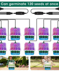 Self Watering Seed Starter Tray With Gen 3 Full Spectrum Grow Light For Easy No Fuss Seeding And Growing 10 Pack 120 Cell Reusable Seedling Kit Soft Silicone Germination Trays With Humidity Dome shown with grow lights and usage examples