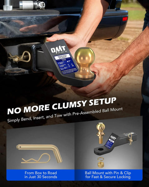 Heavy Duty Tow Hitch Ball Mount with 2 inch drop, 2 inch ball, 2 inch receiver, 8000 lb towing capacity being installed with pin and clip
