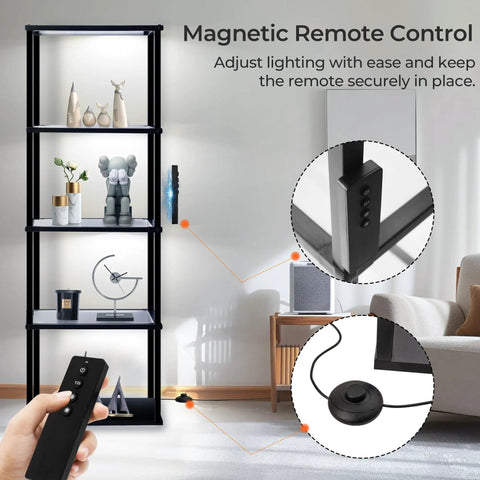 Display Shelf Floor Lamp With Dimmable LED Three Color Temperatures Glass Curio Cabinet Shelves Remote Control