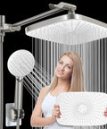 12 Inch Rainfall Shower Head With Handheld And Hose In White And Brushed Nickel Finish High Pressure Water Flow displayed by model