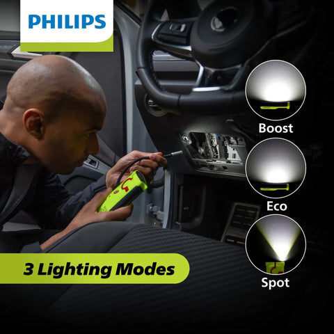 Mechanic using Xperion 6000 Pocket LED Work Light With Gooseneck Spotlight, Magnetic Base And Hanging Hook under dashboard