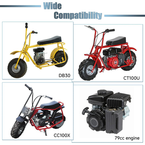 Mini bikes and engine showing compatibility with Coleman CT100U CC100X Baja Doodle Bug DB30 and 79cc engine for 35 Roller Chain