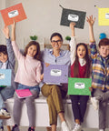 Smiling group holding 8 Pack Colorful Composition Notebook Mesh Zipper Pouch Bags 9x13 Inch A4 Letter Size for school supplies.