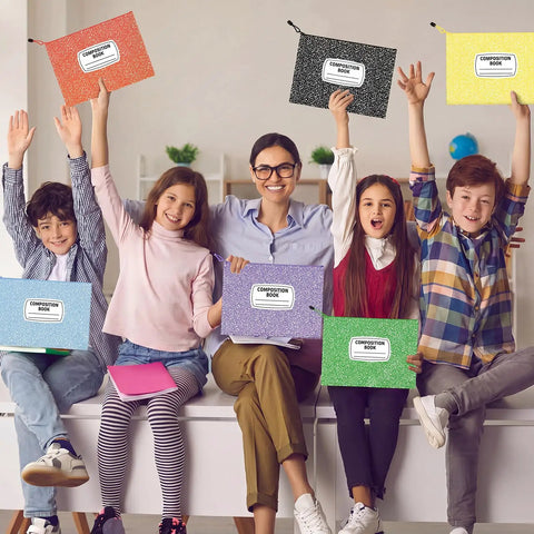 Smiling group holding 8 Pack Colorful Composition Notebook Mesh Zipper Pouch Bags 9x13 Inch A4 Letter Size for school supplies.