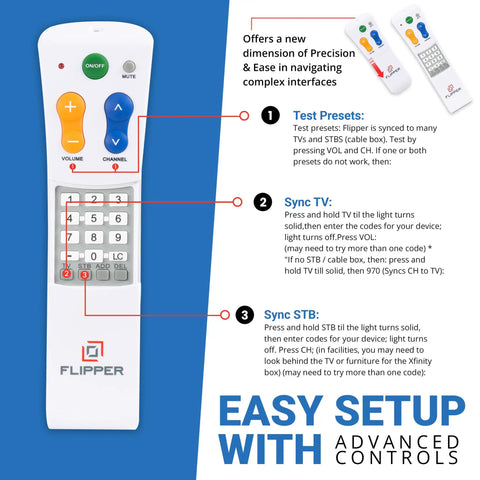Senior Friendly Big Button Universal TV Remote For Dementia Caregivers, Simple 6 Button Layout shown with setup instructions.