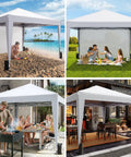 Collage of 10x10 Pop Up Canopy With Sidewalls For Events And Camping Portable Instant Tent, beach, backyard, and restaurant setups, white.