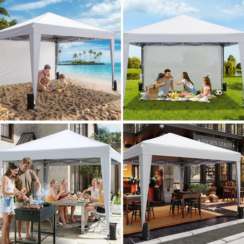 Collage of 10x10 Pop Up Canopy With Sidewalls For Events And Camping Portable Instant Tent, beach, backyard, and restaurant setups, white.