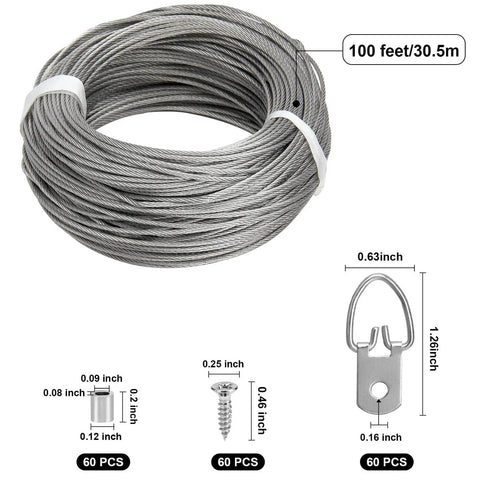 Ultimate Picture Hanging Kit With 100 Feet Braided Wire 60 D Ring Hangers 60 Screws And 60 Aluminum Crimping Loop Sleeves