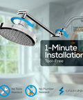 Round Rain Shower Head With Extension Arm For High Pressure Rainfall, Height Adjustable, 6 Inch Polished Chrome, Easy Install