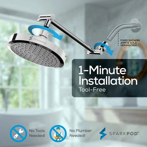 Round Rain Shower Head With Extension Arm For High Pressure Rainfall, Height Adjustable, 6 Inch Polished Chrome, Easy Install