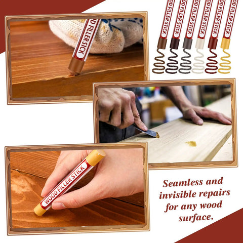 Collage of 100 Pcs Wood Filler Sticks With 50 Colors For DIY Quick Scratch Repair On Wood Furniture Floors Cabinets Tables And Doors