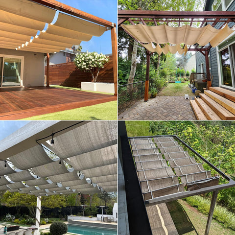 3 By 16 Foot Retractable Pergola Shade Cover With Wave Shade Sail UV Protective 220GSM Poly Fabric on patio structures