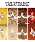 2000W Stainless Steel Electric Grain Grinder For Commercial Use showing grinding of grains, spices, and coffee with blades.