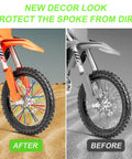 150 Piece Spoke Covers Set In 10 Bold Colors For Bikes And Motorcycles Bright Rim Wraps To Level Up Your Ride Easy Install Durable Plastic Wheel Covers For Dirt Bikes And MTB displaying before and after installation on a sand surface