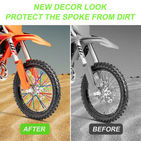 150 Piece Spoke Covers Set In 10 Bold Colors For Bikes And Motorcycles Bright Rim Wraps To Level Up Your Ride Easy Install Durable Plastic Wheel Covers For Dirt Bikes And MTB displaying before and after installation on a sand surface