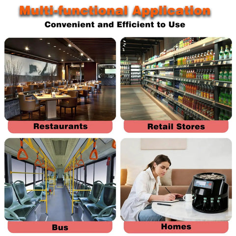 Multi-functional application of Pro Coin Counter And Sorter Machine For Home Or Biz, Fast 300 Coins Per Minute, with various uses.