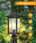Two Pack Dusk To Dawn Outdoor Post Light Fixtures With Pier Mount Base Built Tough Waterproof Aluminum Black Lantern shown in rain