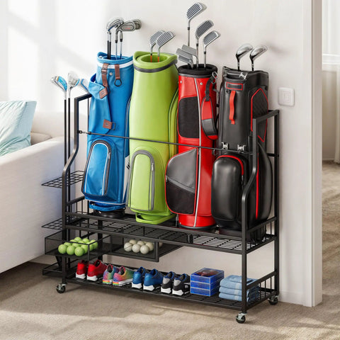 Golf Bag Storage Organizer With Wheels For Garage And Shed Holds Up To Four Bags 24 Clubs Drawer For Balls And Accessories