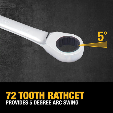 Close-up of Rugged Tough Box 8 Piece SAE Ratcheting Wrench Set With Full Polish Chrome, 72 Tooth Ratchet showing 5 Degree Swing