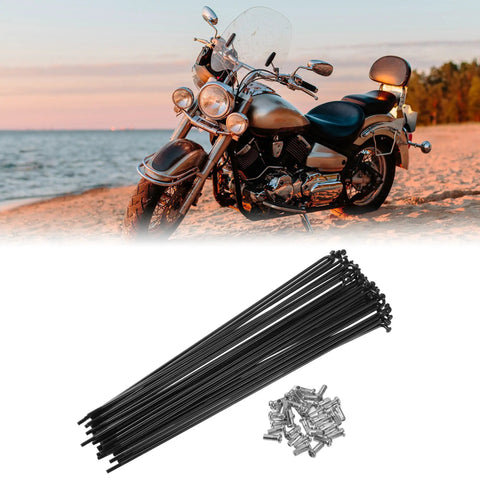 40 Pcs Bicycle Steel Spokes 13G 200mm Length With Nipples Wheel Spoke Kit For Most Bikes Replacement And Upgrade Durable Race Ready Performance Ideal For Wheel Builds Replacements Upgrades And Everyday Riding, displayed with a motorcycle on a beach backdrop.