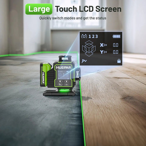 4D Self Leveling Green Laser Level With Receiver For Construction And Framing 360 Degree Cross Lines 400 Ft Range on a floor projecting green lines.