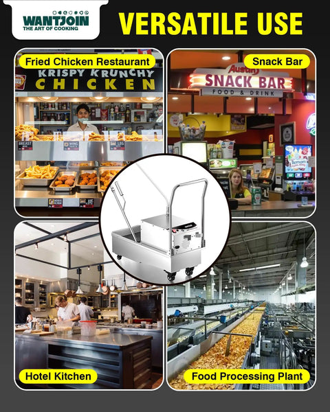 WantJoin Commercial Deep Fryer Oil Filter Machine 10.5 Gallon used in restaurant, snack bar, hotel kitchen, and food processing plant.