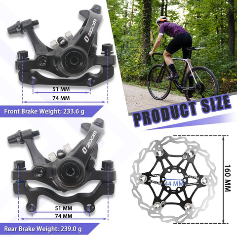 Hardcore Mechanical Mountain Bike Disc Brake Caliper Kit Paired With 160Mm Steel Rotors And Wear Resistant Resin Pads, showing dimensions.