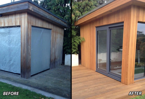 Before and after application of Top Shelf Water Based Wood Penetrating Finish with Rich Matte Protection on wooden deck.