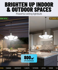 Ceiling light illuminating outdoor patio and indoor kitchen with 800m² coverage, showcasing powerful lighting for various spaces.