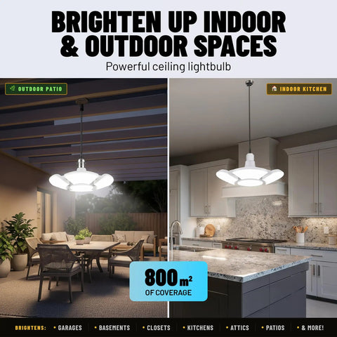 Ceiling light illuminating outdoor patio and indoor kitchen with 800m² coverage, showcasing powerful lighting for various spaces.