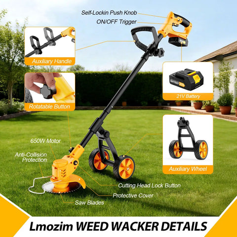 Cordless 21V Weed Eater With Three Cutting Attachments Electric String Trimmer for dense weeds with battery and auxiliary wheels in lawn