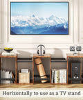 Top Shelf Six Tier Bookshelf With Sleek S Shaped Design, Rustic Brown Geometric Storage Rack used horizontally as a TV stand.