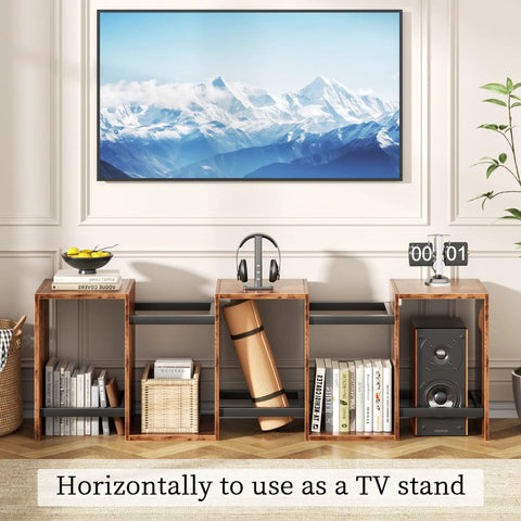 Top Shelf Six Tier Bookshelf With Sleek S Shaped Design, Rustic Brown Geometric Storage Rack used horizontally as a TV stand.