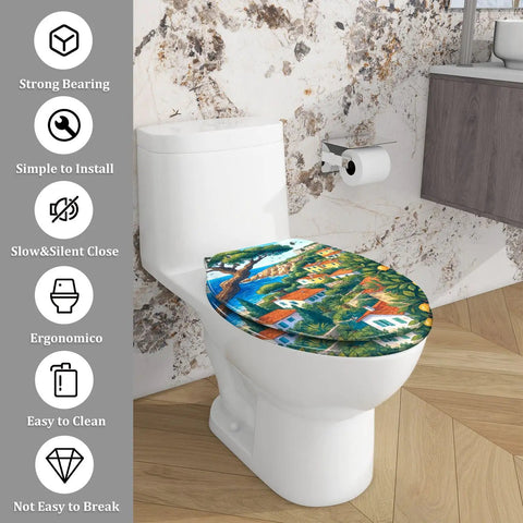 Resin Elongated Toilet Seat for Bathroom with colorful design, fitting standard toilets, easy to install, and ergonomic.