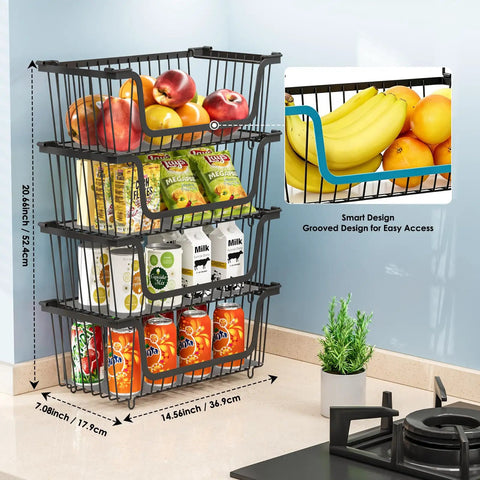 Straight Up Stackable Wire Basket Set For Kitchen Pantry Organization And Bathroom Storage Black Metal Shelf Organizer Crates Keep Your Kitchen Crisp Hassle Free Home Declutter Game Changer Total Life Hack