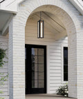 Heavy Duty Black Aluminum Led Outdoor Pendant Light 20 Inch Linear Chandelier hanging in a clean porch entryway.