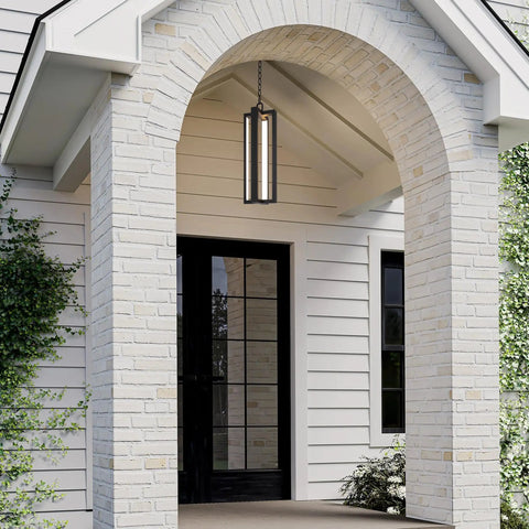 Heavy Duty Black Aluminum Led Outdoor Pendant Light 20 Inch Linear Chandelier hanging in a clean porch entryway.