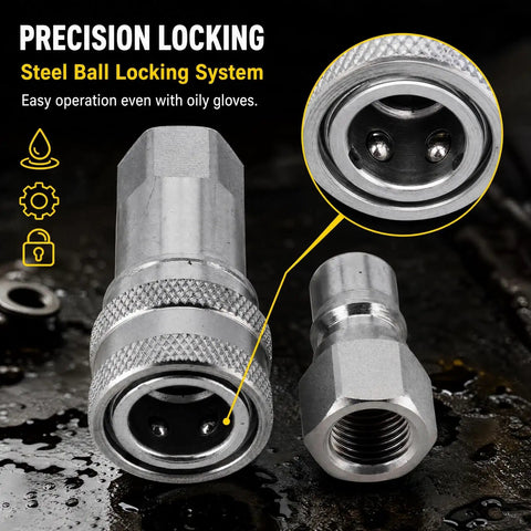 Heavy Duty Hydraulic Quick Connect Coupler M14x1.5 Female Thread Pipe Fitting Pair showing precision locking steel ball system.