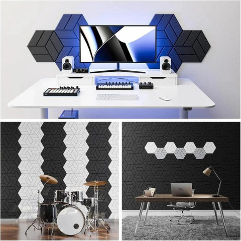 Top Shelf Self Adhesive Soundproofing Panels 12 Pack Heavy Duty Acoustic Foam Tiles on modern studio walls with computer setup.