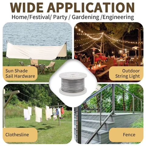 Vinyl-coated 1/16 inch 304 stainless steel wire rope kit for sunshade, string lights, clothesline, and fence use