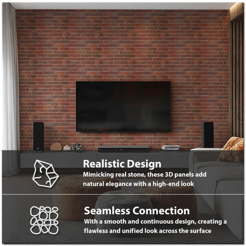 Living room with 3D Faux Brick Wall Panels Set Of 10 In Red PVC For Realistic Stone Texture And Waterproof Durability behind TV.