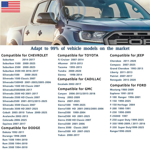 Flag Themed Car Truck Antenna With Valve Stem Caps Universal Mast Fits GM Chevy Silverado Ford F Series Denali Black Tough Weatherproof Easy Install For Off Road And Daily Driving with vehicle compatibility chart.