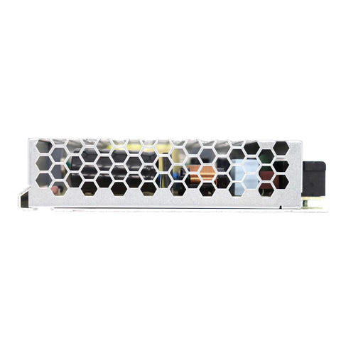 Slim LRS 100 24 108 Watt 24 Volt 4.5 Amp AC DC Switching Power Supply With Metal Mesh Housing For 3D Printers Lab Gear LED Strips And Industrial Projects High Efficiency Easy Mounting Beast Mode Workhorse side view with honeycomb metal case