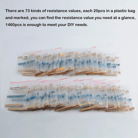 1460-Piece 1/4W 73-Value 1% Metal Film Resistor Kit For Arduino Projects displayed in labeled bags on a table.
