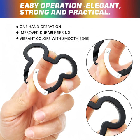 Cute Minnie Mouse Ears Aluminum Carabiner Clips 3 Inch Set with Spring Loaded Gate held in hand close-up