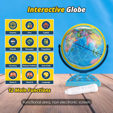 Interactive Globe With Smart Pen For Kids 6 To 12, 300 Plus Geography Quiz Games, 12 functions displayed, with pen