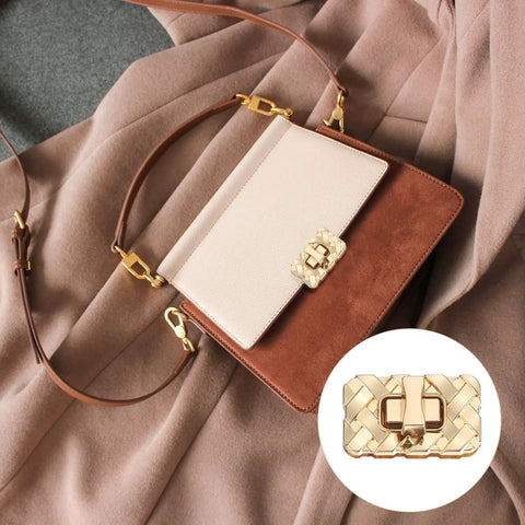 Hella Solid Gold Twist Turn Lock Clasps For Handbags And Purses Heavy Duty Aluminum Alloy rectangle bag closure on a stylish purse.