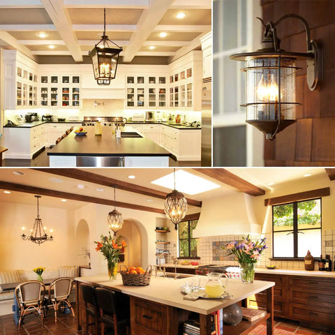 Kitchen and dining rooms showcasing Five-Watt LED Candelabra Bulbs E26 Vintage Edison Filament, 60W Equivalent in chandeliers and lanterns.