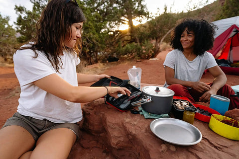 Campers using Alpine Deluxe Outdoor Kitchen Set With Zippered Carry Case BPA Free Tools Folding Utensil Set Salt And Pepper Shaker